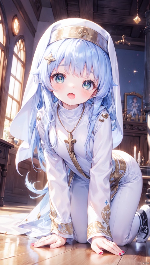  from below,index (toaru majutsu no index),nun,Little girl(1.5),aged down,beautiful detailed girl,narrow waist,(very small breasts),Delicate cute face,cross necklace,(safety pin),nun robe,white robe,long sleeves,wide sleeves,fine fabric emphasis,torn dress,sabotaged clothes,torn clothes,broken clothes,torn shirt,green eyes,beautiful detailed eyes,Glowing eyes,((half-closed eyes,heart-shaped pupils)),((Silver blue hair)),((hair spread out,white nun hat)),very long hair,glowing hair,Extremely delicate hair,Thin leg,bobby socks,Slender fingers,steepled fingers,red nails,((all fours,separated legs)),doyagao(expression),:3,puffy cheeks,open mouth,drooling,beautiful detailed mouth,looking down at viewer,falling feathers(ornament),church,stained glass Windows,hyper realistic,magic,4k,incredible quality,best quality,masterpiece,highly detailed,extremely detailed CG,cinematic lighting,light particle,backlighting,full body,high definition,detail enhancement,(perfect hands, perfect anatomy),8k_wallpaper,extreme details,colorful, loli, shuiwa