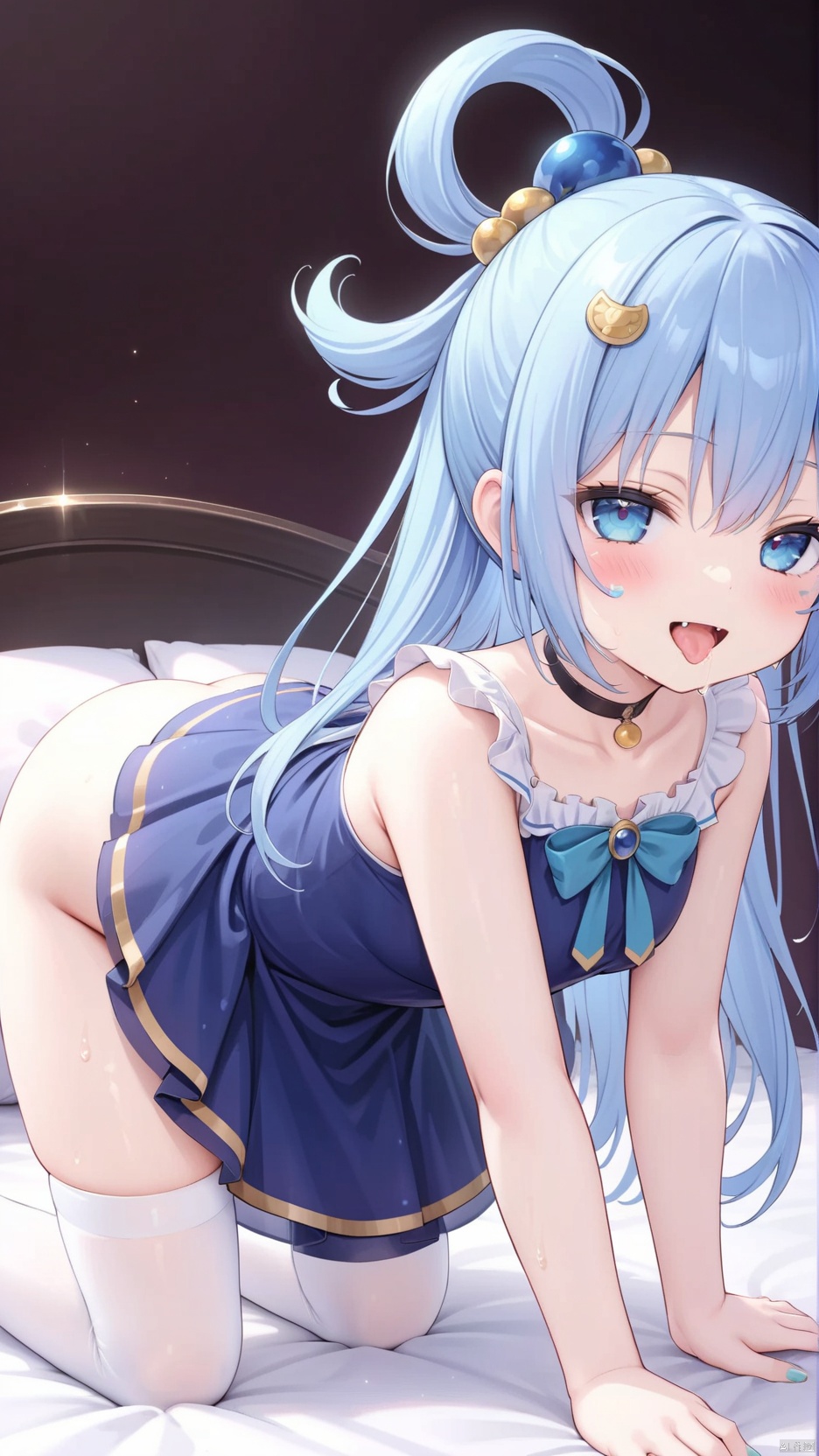aqua (konosuba), aqua,1girl,petite child(1.5),aged down,extremely delicate and beautiful girls,(exquisitely detailed skin),narrow waist,pubic tattoo,Delicate cute face,blush sticker,blush,choker,princess dress,((blue skirt,ornate clothes)),fine fabric emphasis,Blue eyes,beautiful detailed eyes,Glowing eyes,((half-closed eyes,tsurime)),((blue hair)),((high ponytail, hair rings,hair ornament)),very long hair,Extremely delicate hair,Thin leg,white thighhighs,no panties,Fine fingers,steepled nail,(beautiful detailed hands),((all fours,prone bone,separated legs)),lying down,ahegao(expression),smile,open mouth,tongue out,licking lips,drooling,fangs out,big fangs,puffy cheeks,beautiful detailed mouth,looking at viewer,semen in the mouth,semen on the hair,semen on the face,too many semen dripping from the body,blood on between legs,wet and messy,sweat,semen(ornament),bedroom,ornate bed,hyper realistic,magic,4k,incredible quality,best quality,masterpiece,highly detailed,extremely detailed CG,cinematic lighting,light particle,backlighting,full body,high definition,detail enhancement,(perfect hands, perfect anatomy),8k_wallpaper,extreme details,colorful