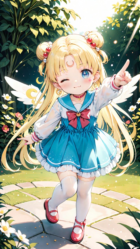  tsukino usagi,qanime,sailor moon,1girl,petite child(1.5),aged down,chibi,extremely delicate and beautiful girls,(exquisitely detailed skin),((very small breasts)),narrow waist,Delicate cute face,forehead mark,crescent at forehead,crescent earrings,blush sticker,blush,choker,blue sailor collar,red big bow on the chest,sailor moon clothes,puffy long sleeves,blue dress,white shirt,angel wings,transparent wings,glowing wings,ornate clothes,fine fabric emphasis,Blue eyes,beautiful detailed eyes,Glowing eyes,((one eye closed,sparkling eyes)),((blonde hair)),((double bun,parted bangs,hair bun, hair ornament,head rest)),very long hair,Extremely delicate hair,Thin leg,white thighhighs,torn thighhighs,Fine fingers,steepled nail,(beautiful detailed hands),((standing,arm up,finger gun,pointing at viewer)),mischievous smile(expression),looking down at viewer,:3,puffy cheeks,Raising the corners of the mouth,beautiful detailed mouth,flying stars(ornament),garden,fountain,hyper realistic,magic,8k,incredible quality,best quality,masterpiece,highly detailed,extremely detailed CG,cinematic lighting,backlighting,full body,high definition,detail enhancement,(perfect hands, perfect anatomy),8k_wallpaper,colorful