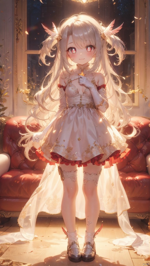 prisma illya,illyasviel von einzbern (beast style),magical girl,1girl,petite child(1.5),aged down,chibi,extremely delicate and beautiful girls,narrow waist,((very small breasts)),Glowing skin,transparent wings,Glowing wings,Delicate cute face,blush sticker,blush,pink dress,white gloves,gloves,elbow gloves,bare shoulders,ornate clothes,fine fabric emphasis,red eyes,beautiful detailed eyes,Glowing eyes,((star-shaped pupils)),((Silver hair)),((two side up,feather hair ornament)),very long hair,Glowing hair,Extremely delicate hair,Thin leg,bare legs,Slender fingers,steepled fingers,(beautiful detailed hands),((hand up,v arms)),mischievous smile(expression),:3,puffy cheeks,Raising the corners of the mouth,drooling,beautiful detailed mouth,looking at viewer,heart(ornament),living room,couch,hyper realistic,magic,8k,incredible quality,best quality,masterpiece,highly detailed,extremely detailed CG,cinematic lighting,backlighting,full body,high definition,detail enhancement,(perfect hands, perfect anatomy),8k_wallpaper,extreme details,colorful