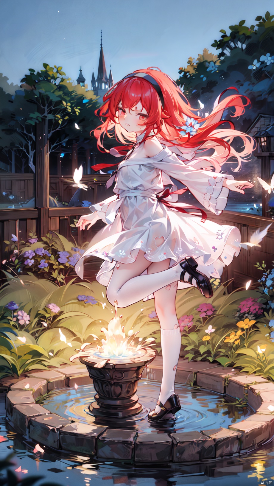  card background,erisc,loli,beautiful detailed girl,narrow waist,very small breasts,Glowing skin,Delicate cute face,bare shoulders,long sleeves,torn dress,broken skirt,torn clothes,broken clothes,red eyes eyes,beautiful detailed eyes,glowing eyes,(half-closed eyes),((red hair)),((long hair,hairband)),Glowing hair,Extremely delicate hair,Thin leg,white legwear garter,beautiful detailed fingers,Slender fingers,steepled fingers,Shiny nails,standing,((flying kick,attack at viewer)),angry(expression),closed mouth,clenched teeth,beautiful detailed mouth,looking at viewer,bow(ornament),garden, fountain,hyper realistic,magic,8k,incredible quality,best quality,masterpiece,highly detailed,extremely detailed CG,cinematic lighting,backlighting,full body,high definition,detail enhancement,(perfect hands, perfect anatomy), detail enhancement
