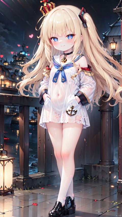 queen elizabeth (azur lane),Little girl(1.5),aged down,beautiful detailed girl,Glowing skin,Delicate cute face,small crown,anchor choker,(anchor print naval uniform),blue princess dressshoulders,ornate clothes,fine fabric emphasis,collarbone,torn dress,sabotaged clothes,torn clothes,broken clothes,torn shirt,blue eyes,beautiful detailed eyes,Glowing eyes,((heart-shaped pupils)),((blonde hair)),((hair spread out)),very long shoulder,glowing hair,Extremely delicate hair,Thin leg,white legwear garter,black footwear,Slender fingers,steepled fingers,shiny nails,((standing,hand in pocket)), jewelry evil grin(expression),Evil smile,beautiful detailed mouth,anchor (ornament),warship,harbor,royal navy (emblem),royal navy flag,hyper realistic,magic,4k,incredible quality,best quality,masterpiece,highly detailed,extremely detailed CG,cinematic lighting,light particle,backlighting,full body,high definition,detail enhancement,(perfect hands, perfect anatomy),8k_wallpaper,extreme details,colorful