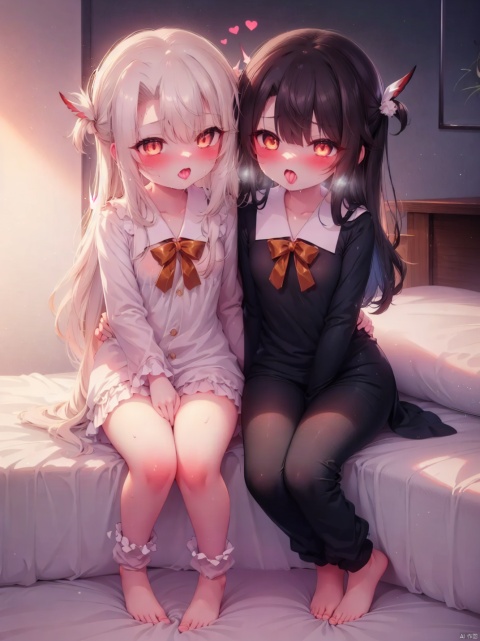 sleepover,(cowboy shot),(((multiple_girls))),(((3girls));((The first girl is:miyu edelfelt,She has black hair and orange eyes,white skin));((The second girl is:chloe von einzbern,She has silver hair and yellow eyes,black skin));((The third girl is: prisma illya,She has silver hair and red eyes,white skin))),Sparkling skin,steaming body,small breasts,Delicate cute face,blush sticker,blush,pajamas,eye_contact,heart-shaped pupils,cuddling handjob on bed,cuddling,open mouth,tongue out,(kissing),drooling,sweat,heart(ornament),school,stairwell,hyper realistic,magic,8k,incredible quality,best quality,masterpiece,highly detailed,extremely detailed CG,cinematic lighting,backlighting,full body,high definition,detail enhancement,(perfect hands, perfect anatomy),8k_wallpaper,extreme details,colorful