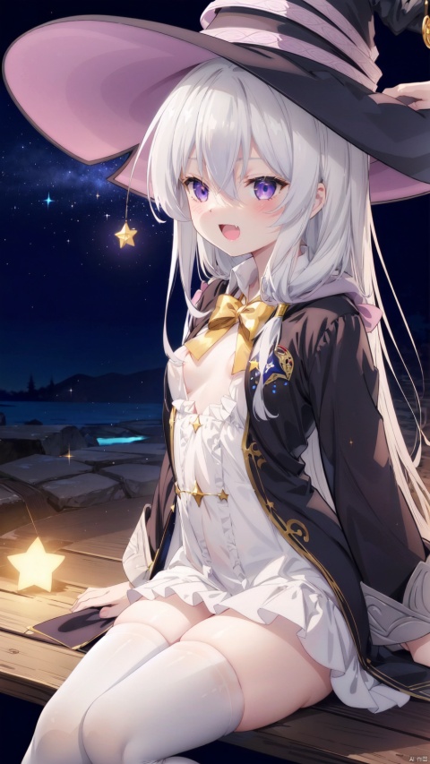  elaina (majo no tabitabi),1girl,petite child(1.5),aged down,extremely delicate and beautiful girls,narrow waist,((very small breasts)),Glowing skin,Delicate cute face,blush sticker,blush,witch hat,witch robe,white shirt,big yellow bow,fine fabric emphasis,ornate clothes,violet eyes,beautiful detailed eyes,Glowing eyes,((star in eye)),((Silver gray hair)),((hair spread out,hair bow)),ahoge,very long hair,Extremely delicate hair,Thin leg,white thighhighs,Slender fingers,steepled fingers,(beautiful detailed hands),mischievous smile(expression),floating,sitting on crescent,gold crescent,:d,open mouth,fangs out,long fang,beautiful detailed mouth,gold stars(ornament),starry sky,night,hyper realistic,magic,4k,incredible quality,best quality,masterpiece,highly detailed,extremely detailed CG,cinematic lighting,light particle,backlighting,full body,high definition,detail enhancement,(perfect hands, perfect anatomy),8k_wallpaper,extreme details,colorful