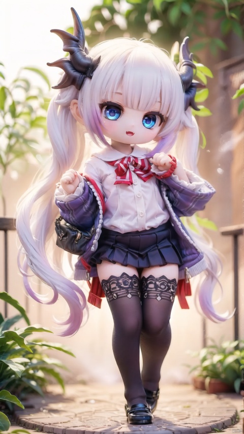  (4349,4349,4349:1),Kanna Kamui,dragon girl,Little girl(1.6),beautiful detailed girl,narrow waist,small breasts,Glowing skin,steaming body,Delicate cute face,dragon tail,school uniform,fine fabric emphasis,ornate clothes,blue eyes,beautiful detailed eyes,Glowing eyes,(one eye closed),((silver purple gradient hair)),((twintails,hair beads)),glowing long hair,Extremely delicate hair,Thin leg,white legwear garter,beautiful detailed fingers,Slender fingers,steepled fingers,Shiny nails,(standing on one leg,hands up,art shift,hands next face,v arms,v),mischievous smile(expression),open mouth,tongue out,fangs out,beautiful detailed mouth,looking at viewer,bow(ornament),garden, fountain,hyper realistic,magic,8k,incredible quality,best quality,masterpiece,highly detailed,extremely detailed CG,cinematic lighting,backlighting,full body,high definition,detail enhancement,(perfect hands, perfect anatomy),detail enhancement, lbb
