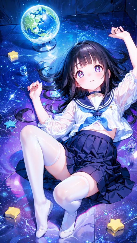  kimi ni matsuwaru mystery,(Chitanda Eru),1girl,petite child(1.5),aged down,extremely delicate and beautiful girls,(exquisitely detailed skin),narrow waist,Delicate cute face,blush sticker,blush,choker,kamiyama high school uniform,dark blue sailor collar,((dark blue skirt,ornate clothes)),partially undressed,fine fabric emphasis,purple eyes,beautiful detailed eyes,Glowing eyes,((star-shaped pupils,half-closed eyes)),((black hair)),((straight hair,hair spread out)),very long hair,Extremely delicate hair,Thin leg,white thighhighs,no shoes,Fine fingers,steepled nail,(beautiful detailed hands),((lying,arm up,rubbing eyes)),sleepy(expression),troubled eyebrows,wavy mouth,puffy cheeks,beautiful detailed mouth,looking up at viewer,constellation(ornament),celestial globe,meteor shower,starry sky,hyper realistic,magic,4k,incredible quality,best quality,masterpiece,highly detailed,extremely detailed CG,cinematic lighting,light particle,backlighting,full body,high definition,detail enhancement,(perfect hands, perfect anatomy),8k_wallpaper,extreme details,colorful