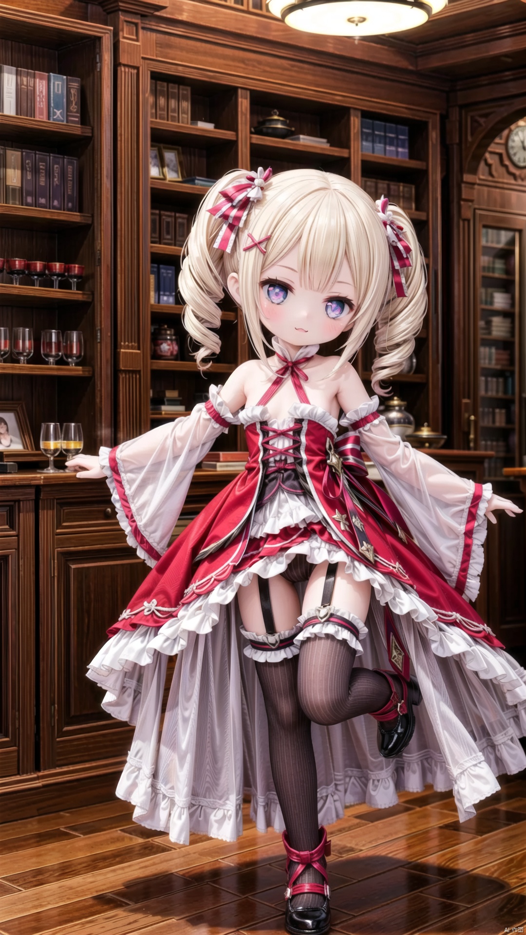 beatrice (re:zero),female child,Little girl（1.5）,aged down,beautiful detailed girl,narrow waist,small breasts,Glowing skin,steaming body,Delicate cute face,pink princess dress,pink striped_legwear,white bloomers,fine fabric emphasis,ornate clothes,symbol-shaped_pupils,beautiful detailed eyes,Glowing eyes,((half-closed eyes)),((blonde hair)),drill hair,hair behind ear,Extremely delicate hair,bare legs,Thin leg,bare arms,Slender fingers,steepled fingers,Shiny nails,mischievous smile(expression),((standing on one leg,victory pose)),:3,tongue out,beautiful detailed lips,book(ornament),library, bookshelf,hyper realistic,magic,8k,incredible quality,best quality,masterpiece,highly detailed,extremely detailed CG,cinematic lighting