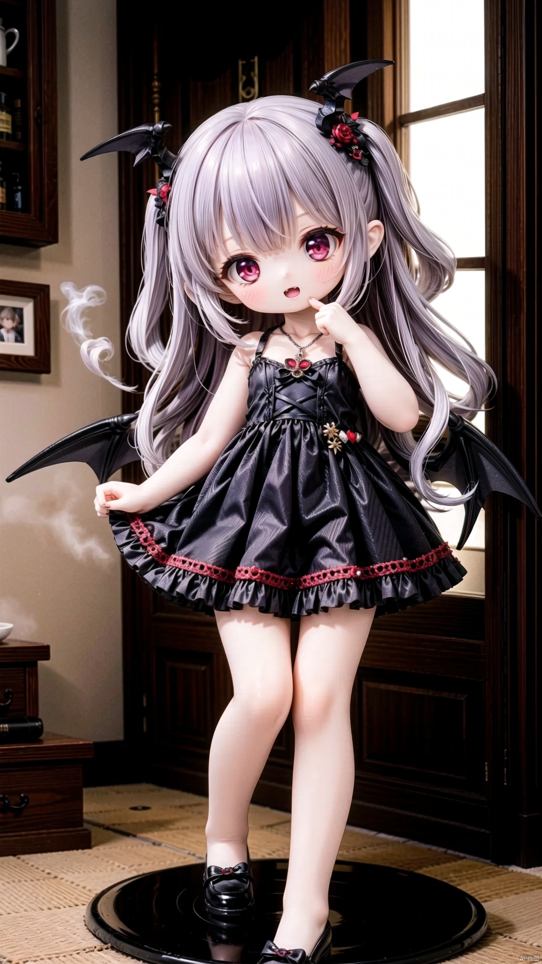 koakuma,female child,Little girl（1.5）,aged down,beautiful detailed girl,narrow waist,small breasts,Glowing skin,steaming body,demon horns,bat wings,transparent wings,Delicate cute face,Black and red Gothic skirt,fine fabric emphasis,ornate clothes,red Eyes,beautiful detailed eyes,Glowing eyes,(one eye closed),((Deep purple hair)),long hair,wavy hair,glowing hair,Extremely delicate longhair,bat hair ornament,Red Heart Necklace,bare legs,Thin leg,bare arms,Slender fingers,steepled fingers,Shiny nails,mischievous smile(expression),hand on own cheek,open mouth,tongue out,fangs out,beautiful detailed lips,Blood stains on the corners of the mouth,bat(ornament),garden, fountain,hyper realistic,magic,8k,incredible quality,best quality,masterpiece,highly detailed,extremely detailed CG,cinematic lighting
