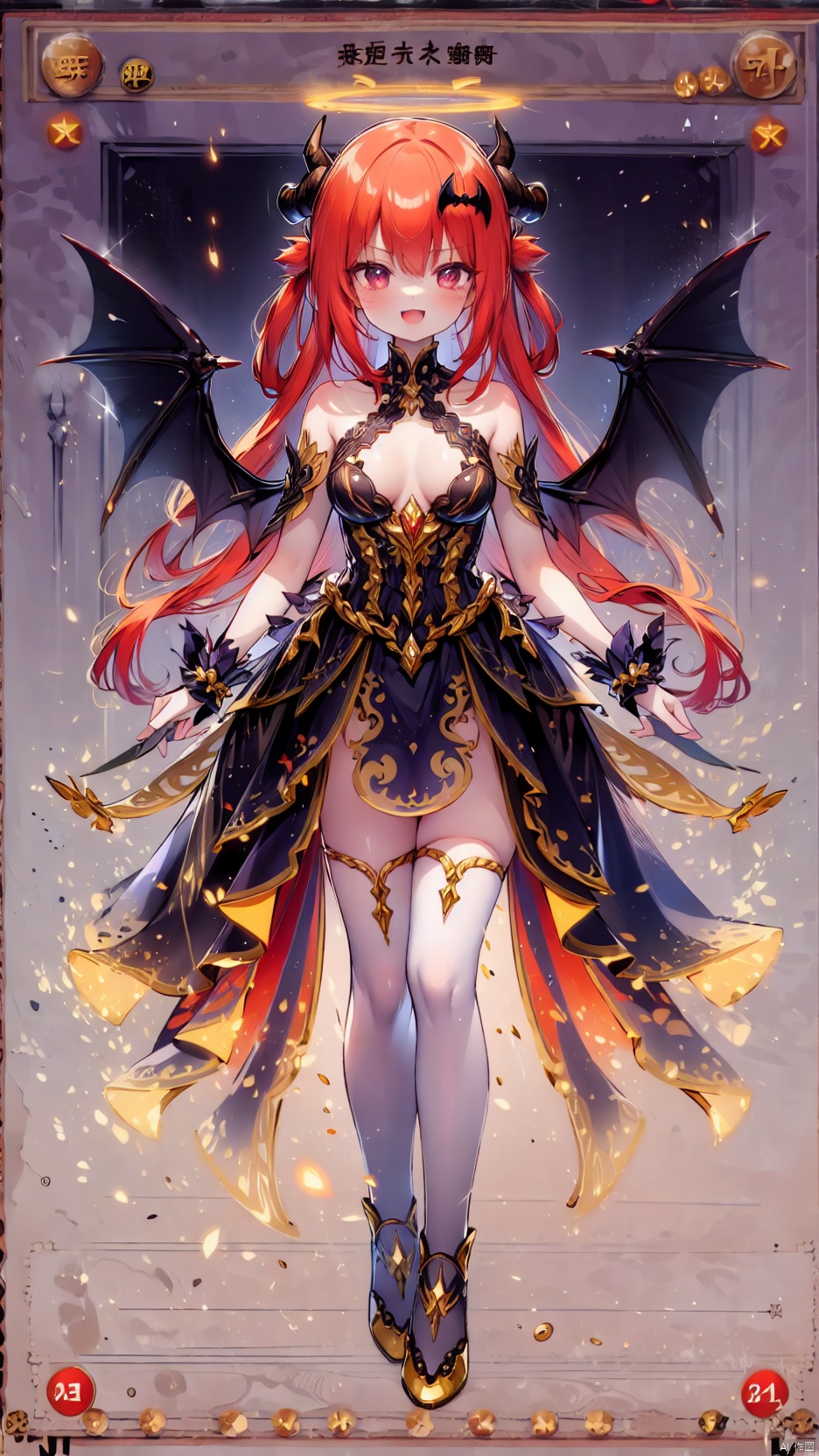  Card background,Satanichia Kurumizawa Mcdowell,angel girl,Little girl(1.6),aged down,1girl,solo,beautiful detailed girl,Glowing Halo on head,demon horns,demon wings,demon costume,fine fabric emphasis,ornate clothes,Glowing clothes,narrow waist,very small breasts,Glowing skin,Delicate cute face,red eyes,beautiful detailed eyes,raised eyebrow,((red hair)),((long hair,bat wings hair ornament)),Glowing hair,Extremely delicate hair,Thin leg,white thighhighs,((beautiful detailed hands)),Slender fingers,pink nails,(standing,victory pose),mischievous smile(expression),open mouth,tongue out,fangs out,Glowing feather(ornament),church,Marble Pillar,hyper realistic,magic,8k,incredible quality,best quality,masterpiece,highly detailed,extremely detailed CG,cinematic lighting,backlighting,full body,high definition,detail enhancement,(perfect hands, perfect anatomy),detail enhancement, gabriel tenma white, satanichia kurumizawa mcdowell