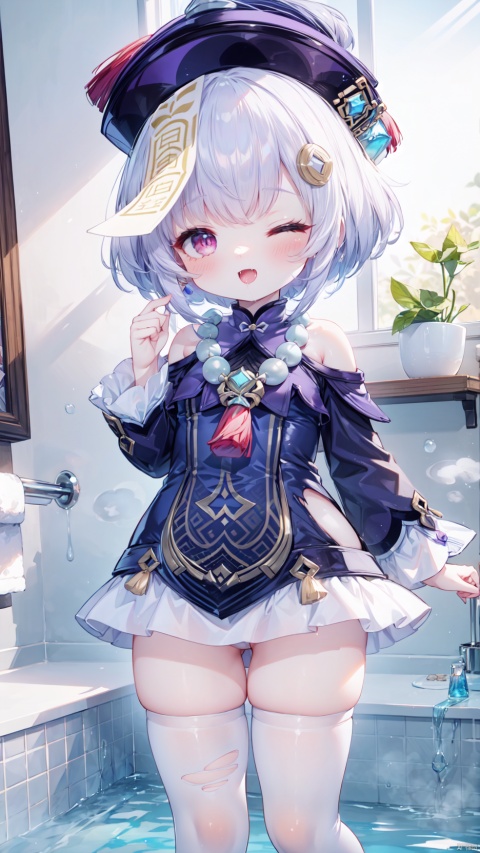 qiqi_(genshin_impact),jiangshi,1girl,petite child(1.5),aged down,extremely delicate and beautiful girls,narrow waist,((very small breasts)),Glowing skin,Delicate cute face,blush sticker,blush,ofuda,qing_guanmao,bead_necklace,fine fabric emphasis,ornate clothes,off shoulder,((sabotaged clothes,torn clothes,broken clothes,torn shirt)),red eyes,beautiful detailed eyes,Glowing eyes,((half-closed eyes)),((purple hair)),((Short hair,coin hair ornament)),Glowing hair,Extremely delicate hair,Thin leg,white thighhighs,torn thighhighs,Slender fingers,steepled fingers,(beautiful detailed hands),((hand up,v arms)),ahegao(expression),smile,open mouth,tongue out,licking lips,drooling,fangs out,big fangs,puffy cheeks,beautiful detailed mouth,looking at viewer,steam(ornament),bathroom,pool,hyper realistic,magic,8k,incredible quality,best quality,masterpiece,highly detailed,extremely detailed CG,cinematic lighting,backlighting,full body,high definition,detail enhancement,(perfect hands, perfect anatomy),8k_wallpaper,extreme 