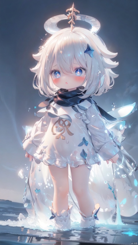 paimon (genshin impact),1girl,petite child(1.5),aged down,extremely delicate and beautiful girls,narrow waist,((very small breasts)),Glowing skin,Delicate cute face,blush sticker,blush,halo,blue scarf,blue starry cape,white dress,fine fabric emphasis,ornate clothes,Grey blue eyes,beautiful detailed eyes,Glowing eyes,((star-shaped pupils)),((silver hair)),((hair spread out,star hair ornament)),hair over shoulder,Extremely delicate hair,Thin leg,white pantyhose,Slender fingers,steepled fingers,(beautiful detailed hands),((standing,finger to eye)),tearful(expression),looking at viewer,teardrop on the face,Tears on the chin,wavy mouth,open mouth,beautiful detailed mouth,semen in the mouth,semen on the hair,semen on the face,too many semen on the breasts,too many semen dripping from the body,blood on between legs,air bubble(ornament),garden,pool,hyper realistic,magic,4k,incredible quality,best quality,masterpiece,highly detailed,extremely detailed CG,cinematic lighting,light particle,backlighting,full body,high definition,detail enhancement,(perfect hands, perfect anatomy),8k_wallpaper,extreme details,colorful