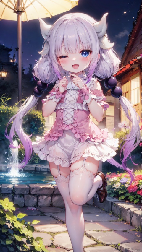  (4349,4349,4349:1),Kanna Kamui,dragon girl,Little girl(1.6),beautiful detailed girl,narrow waist,small breasts,Glowing skin,steaming body,Delicate cute face,dragon tail,school uniform,fine fabric emphasis,ornate clothes,blue eyes,beautiful detailed eyes,Glowing eyes,(one eye closed),((silver purple gradient hair)),((twintails,hair beads)),glowing long hair,Extremely delicate hair,Thin leg,white legwear garter,beautiful detailed fingers,Slender fingers,steepled fingers,Shiny nails,(standing on one leg,hands up,art shift,hands next face,v arms,v),mischievous smile(expression),open mouth,tongue out,fangs out,beautiful detailed mouth,looking at viewer,bow(ornament),garden, fountain,hyper realistic,magic,8k,incredible quality,best quality,masterpiece,highly detailed,extremely detailed CG,cinematic lighting,backlighting,full body,high definition,detail enhancement,(perfect hands, perfect anatomy),detail enhancement