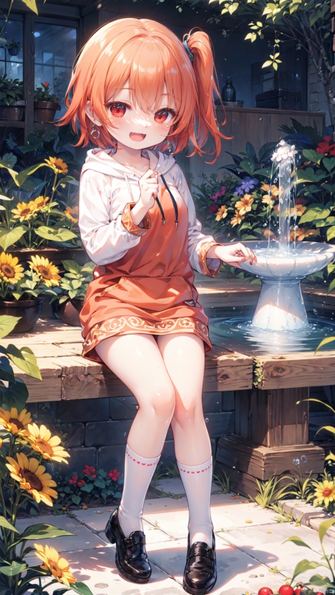 4349,4349,4349:1,hoshino hinata,Little girl(1.4),aged down,beautiful detailed girl,narrow waist,small breasts,Glowing skin,Delicate cute face,hoodie,short dress,fine fabric emphasis,ornate clothes,red eyes,beautiful detailed eyes,Glowing eyes,((half-closed eyes)),((orange hair)),((side ponytail,hair rings)),short hair,glowing hair,Extremely delicate hair,Thin leg,bobby socks,Slender fingers,steepled fingers,Shiny nails,mischievous smile(expression),hands on own face,:d,open mouth,tongue out,fangs out,long fang,beautiful detailed mouth,sunflower print(ornament),garden,fountain,hyper realistic,magic,8k,incredible quality,best quality,masterpiece,highly detailed,extremely detailed CG,cinematic lighting,backlighting,full body,high definition,detail enhancement,(perfect hands, perfect anatomy), hoshino hinata