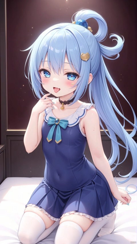aqua (konosuba), aqua,1girl,petite child(1.5),aged down,extremely delicate and beautiful girls,(exquisitely detailed skin),narrow waist,Delicate cute face,blush sticker,blush,choker,princess dress,((blue skirt,ornate clothes)),fine fabric emphasis,Blue eyes,beautiful detailed eyes,Glowing eyes,((half-closed eyes,tsurime)),((blue hair)),((high ponytail, hair rings,hair ornament)),very long hair,Extremely delicate hair,Thin leg,white thighhighs,no panties,Fine fingers,steepled nail,(beautiful detailed hands),((kneeling,wariza,hand on own stomach,hand on own face)),ahegao(expression),smile,open mouth,tongue out,licking lips,drooling,fangs out,big fangs,puffy cheeks,beautiful detailed mouth,looking at viewer,semen in the mouth,semen on the hair,semen on the face,too many semen dripping from the body,blood on between legs,wet and messy,sweat,semen(ornament),bedroom,ornate bed,hyper realistic,magic,4k,incredible quality,best quality,masterpiece,highly detailed,extremely detailed CG,cinematic lighting,light particle,backlighting,full body,high definition,detail enhancement,(perfect hands, perfect anatomy),8k_wallpaper,extreme details,colorful