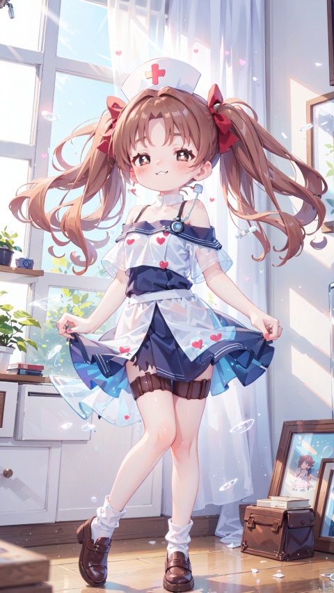 shirai kuroko,Little girl(1.5),aged down,beautiful detailed girl,Glowing skin,steaming body,narrow waist,(very small breasts),Delicate cute face,blush sticker,blush,(nurse),nurse cap,stethoscope,off shoulder,ornate clothes,torn dress,broken skirt,torn clothes,broken clothes,fine fabric emphasis,brown eyes,beautiful detailed eyes,Glowing eyes,((raised eyebrow,tsurime,half-closed eyes,heart-shaped pupils)),((brown hair)),((twintails,hair bow)),very long hair,glowing hair,Extremely delicate hair,Thin leg,thigh strap,white loose socks,brown footwear,Slender fingers,steepled fingers,shiny nails,((Embracing very big syringe,needle larger than a human)), jewelry evil grin(expression),Evil smile,looking at viewer,:3,puffy cheeks,beautiful detailed mouth,heart(ornament),ruins,broken window,hyper realistic,magic,4k,incredible quality,best quality,masterpiece,highly detailed,extremely detailed CG,cinematic lighting,light particle,backlighting,full body,high definition,detail enhancement,(perfect hands, perfect anatomy),8k_wallpaper,extreme details,colorful,