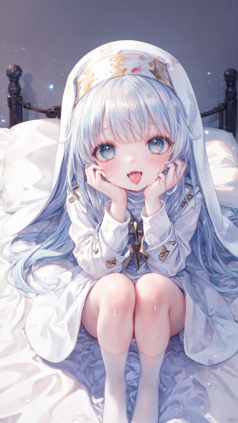  from above,index (toaru majutsu no index),nun,Little girl(1.5),aged down,beautiful detailed girl,narrow waist,(very small breasts),Delicate cute face,choker,(safety pin),nun robe,(nude),green eyes,beautiful detailed eyes,Glowing eyes,((half-closed eyes,heart-shaped pupils)),((Silver blue hair)),((hair spread out,white nun hat)),very long hair,glowing hair,Extremely delicate hair,Thin leg,bobby socks,Slender fingers,steepled fingers,red nails,((lying on bed,separated legs,hands on own face)),ahegao(expression),smile,open mouth,tongue out,licking lips,drooling,fangs out,big fangs,puffy cheeks,beautiful detailed mouth,looking at viewer,semen in the mouth,semen on the hair,semen on the face,too many semen on the breasts,too many semen dripping from the body,blood on between legs,wet and messy,sweat,semen(ornament),bedroom,ornate bed,hyper realistic,magic,4k,incredible quality,best quality,masterpiece,highly detailed,extremely detailed CG,cinematic lighting,light particle,backlighting,full body,high definition,detail enhancement,(perfect hands, perfect anatomy),8k_wallpaper,extreme details,colorful,