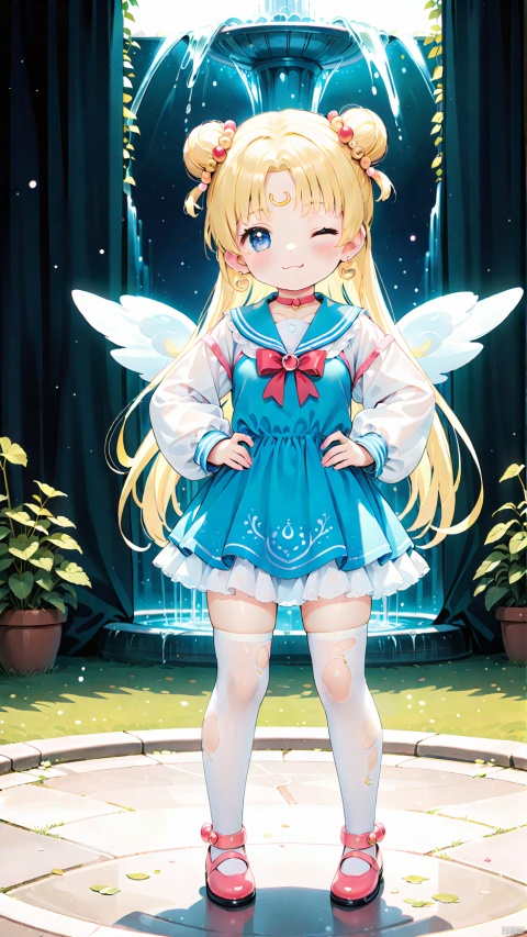 tsukino usagi,qanime,sailor moon,1girl,petite child(1.5),aged down,chibi,extremely delicate and beautiful girls,(exquisitely detailed skin),((very small breasts)),narrow waist,Delicate cute face,forehead mark,crescent at forehead,crescent earrings,blush sticker,blush,choker,blue sailor collar,red big bow on the chest,sailor moon clothes,puffy long sleeves,blue dress,white shirt,angel wings,transparent wings,glowing wings,ornate clothes,fine fabric emphasis,Blue eyes,beautiful detailed eyes,Glowing eyes,((one eye closed,sparkling eyes)),((blonde hair)),((double bun,parted bangs,hair bun, hair ornament,head rest)),very long hair,Extremely delicate hair,Thin leg,white thighhighs,torn thighhighs,Fine fingers,steepled nail,(beautiful detailed hands),((standing,hands on hips)),mischievous smile(expression),looking down at viewer,:3,puffy cheeks,Raising the corners of the mouth,beautiful detailed mouth,flying stars(ornament),garden,fountain,hyper realistic,magic,8k,incredible quality,best quality,masterpiece,highly detailed,extremely detailed CG,cinematic lighting,backlighting,full body,high definition,detail enhancement,(perfect hands, perfect anatomy),8k_wallpaper,colorful
