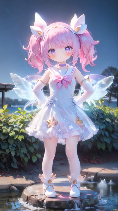 lux (league of legends),star guardian \(league of legends\),1girl,petite child(1.5),aged down,extremely delicate and beautiful girls,narrow waist,((very small breasts)),Glowing skin,Delicate cute face,blush sticker,blush,(forehead tiara),choker,sailor senshi uniform,pink dress,big purple bow,transparent wings,Glowing wings,gloves,elbow gloves,bare shoulders,ornate clothes,fine fabric emphasis,pink eyes,beautiful detailed eyes,Glowing eyes,((star-shaped pupils)),((pink hair)),((twintails,hair ornament)),Glowing hair,Extremely delicate hair,Thin leg,bare legs,Slender fingers,steepled fingers,(beautiful detailed hands),((standing,hands on hips)),mischievous smile(expression),looking down at viewer,:3,puffy cheeks,Raising the corners of the mouth,beautiful detailed mouth,star(ornament),garden,fountain,hyper realistic,magic,8k,incredible quality,best quality,masterpiece,highly detailed,extremely detailed CG,cinematic lighting,backlighting,full body,high definition,detail enhancement,(perfect hands, perfect anatomy),8k_wallpaper,extreme details,colorful