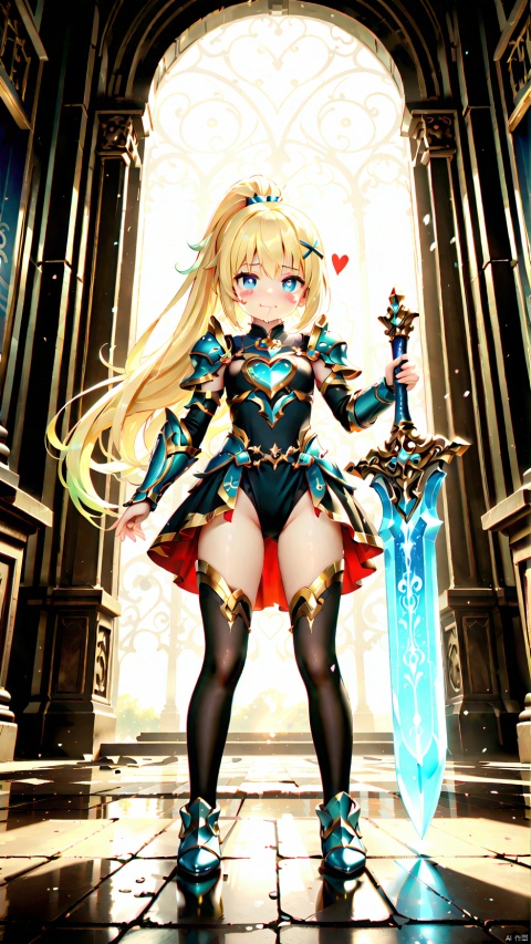 darkness (konosuba),paladin,petite child(1.5),aged down,chibi,extremely delicate and beautiful girls,narrow waist,Glowing skin,Delicate cute face,blush sticker,blush,knight armor,white and gold clothes,fine fabric emphasis,ornate clothes,((blue eyes)),beautiful detailed eyes,Glowing eyes,((heart-shaped pupils)),((blonde hair)),((ponytail,x hair ornament)),very long hair,Extremely delicate hair,Thin leg,black thighhighs,beautiful detailed fingers,steepled fingers,(beautiful detailed hands),((standing,Holding a long sword,ornate sword,attack  viewer)),ahegao(expression),smile,tongue out,licking lips,drooling,fangs out,big fangs,puffy cheeks,beautiful detailed mouth,Looking down at viewer,semen in the mouth,heart(ornament),palace,shield decorated on the wall,hyper realistic,magic,8k,incredible quality,best quality,masterpiece,highly detailed,extremely detailed CG,cinematic lighting,backlighting,full body,high definition,detail enhancement,(perfect hands, perfect anatomy),8k_wallpaper,extreme details,colorful,