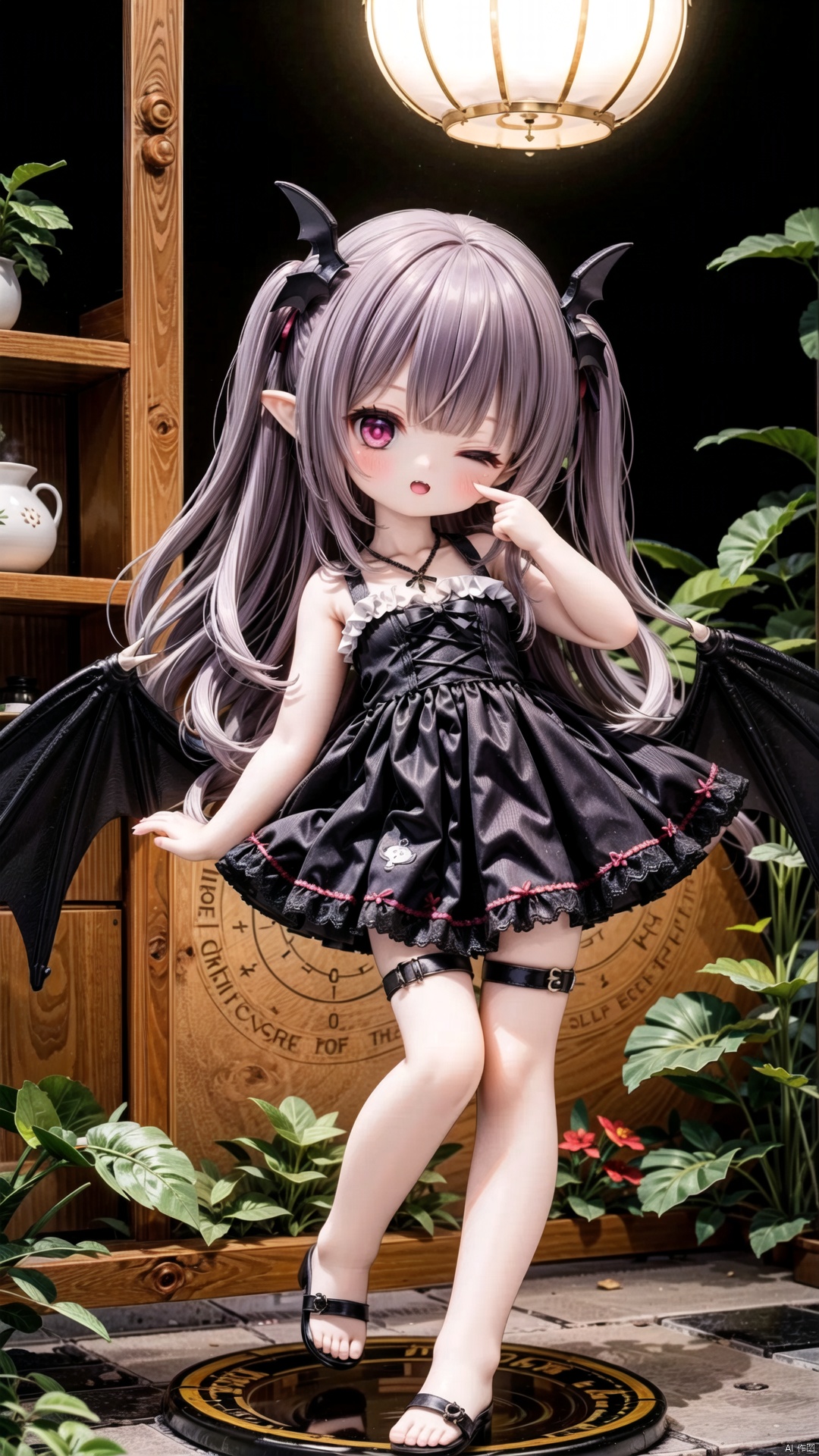 koakuma,female child,Little girl（1.5）,aged down,beautiful detailed girl,narrow waist,small breasts,Glowing skin,steaming body,demon horns,bat wings,transparent wings,Delicate cute face,Black and red Gothic skirt,fine fabric emphasis,ornate clothes,red Eyes,beautiful detailed eyes,Glowing eyes,(one eye closed),((Deep purple hair)),long hair,wavy hair,glowing hair,Extremely delicate longhair,bat hair ornament,Red Heart Necklace,bare legs,Thin leg,bare arms,Slender fingers,steepled fingers,Shiny nails,mischievous smile(expression),finger to eye,open mouth,tongue out,fangs out,beautiful detailed lips,bat(ornament),garden, fountain,hyper realistic,magic,8k,incredible quality,best quality,masterpiece,highly detailed,extremely detailed CG,cinematic lighting