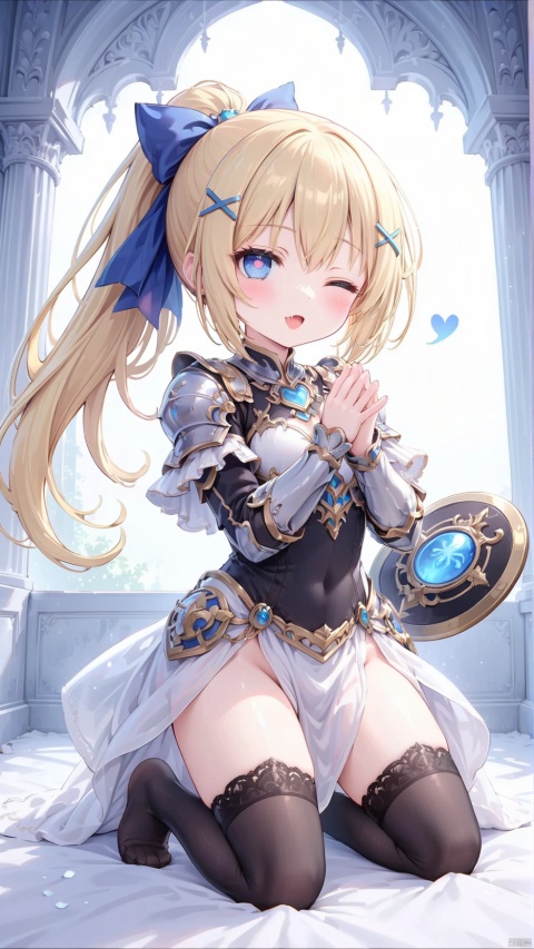 darkness (konosuba),paladin,petite child(1.5),aged down,chibi,extremely delicate and beautiful girls,narrow waist,Glowing skin,Delicate cute face,blush sticker,blush,knight armor,white and gold clothes,fine fabric emphasis,ornate clothes,((blue eyes)),beautiful detailed eyes,Glowing eyes,((one eye closed,heart-shaped pupils)),((blonde hair)),((ponytail,x hair ornament)),very long hair,Extremely delicate hair,Thin leg,black thighhighs,beautiful detailed fingers,steepled fingers,(beautiful detailed hands),((kneeling on bed,wariza,art shift,w arms)),ahegao(expression),:d,open mouth,tongue out,fangs out,long fang,licking lips,drooling,fangs out,big fangs,puffy cheeks,beautiful detailed mouth,Looking down at viewer,heart(ornament),palace,shield decorated on the wall,hyper realistic,magic,8k,incredible quality,best quality,masterpiece,highly detailed,extremely detailed CG,cinematic lighting,backlighting,full body,high definition,detail enhancement,(perfect hands, perfect anatomy),8k_wallpaper,extreme details,colorful,