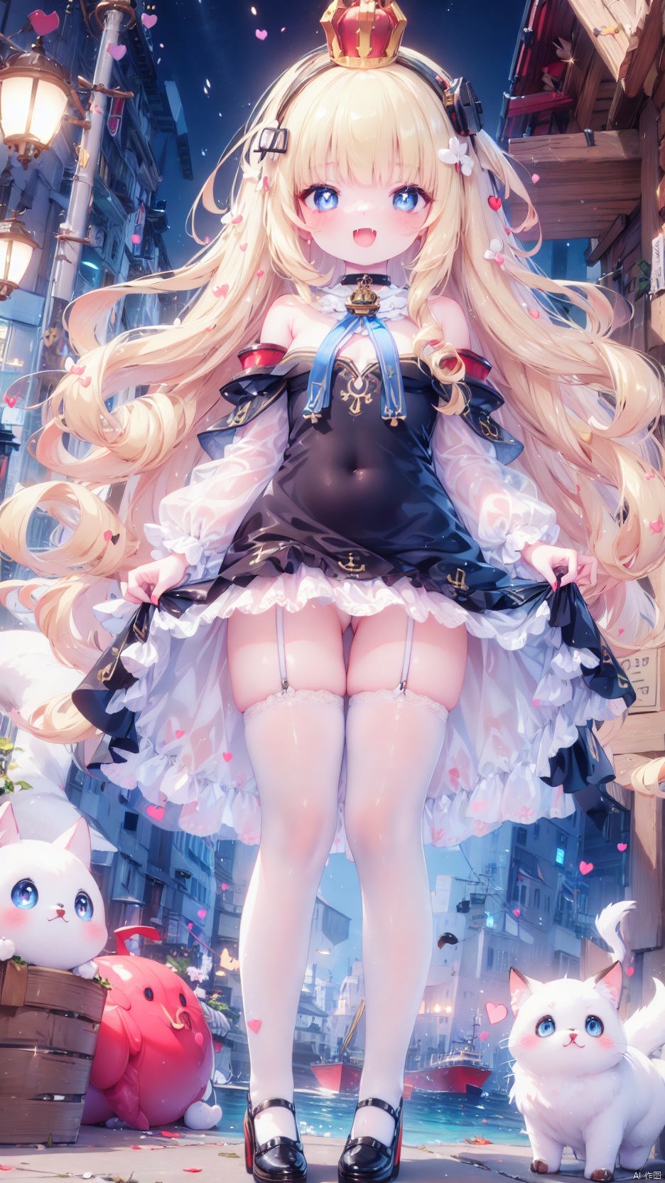 from below,queen elizabeth (azur lane),Little girl(1.5),aged down,beautiful detailed girl,narrow waist,Delicate cute face,princess crown,small crown,anchor choker,(anchor print naval uniform),blue princess dress,bare shoulders,ornate clothes,fine fabric emphasis,torn dress,broken skirt,torn clothes,broken clothes,blue eyes,beautiful detailed eyes,Glowing eyes,((heart-shaped pupils)),((blonde hair)),((hair spread out,wavy hair)),very long shoulder,glowing hair,Extremely delicate hair,Thin leg,white legwear garter,black footwear,Slender fingers,steepled fingers,shiny nails,((clothes pull,**********)),ahegao(expression),smile,open mouth,tongue out,licking lips,drooling,heavy breathing,fangs out,big fangs,puffy cheeks,beautiful detailed mouth,looking down at viewer,anchor (ornament),warship,harbor,royal navy (emblem),royal navy flag,hyper realistic,magic,4k,incredible quality,best quality,masterpiece,highly detailed,extremely detailed CG,cinematic lighting,light particle,backlighting,full body,high definition,detail enhancement,(perfect hands, perfect anatomy),8k_wallpaper,extreme details,colorful