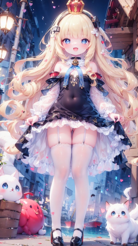 from below,queen elizabeth (azur lane),Little girl(1.5),aged down,beautiful detailed girl,narrow waist,Delicate cute face,princess crown,small crown,anchor choker,(anchor print naval uniform),blue princess dress,bare shoulders,ornate clothes,fine fabric emphasis,torn dress,broken skirt,torn clothes,broken clothes,blue eyes,beautiful detailed eyes,Glowing eyes,((heart-shaped pupils)),((blonde hair)),((hair spread out,wavy hair)),very long shoulder,glowing hair,Extremely delicate hair,Thin leg,white legwear garter,black footwear,Slender fingers,steepled fingers,shiny nails,((clothes pull,undressing)),ahegao(expression),smile,open mouth,tongue out,licking lips,drooling,heavy breathing,fangs out,big fangs,puffy cheeks,beautiful detailed mouth,looking down at viewer,anchor (ornament),warship,harbor,royal navy (emblem),royal navy flag,hyper realistic,magic,4k,incredible quality,best quality,masterpiece,highly detailed,extremely detailed CG,cinematic lighting,light particle,backlighting,full body,high definition,detail enhancement,(perfect hands, perfect anatomy),8k_wallpaper,extreme details,colorful