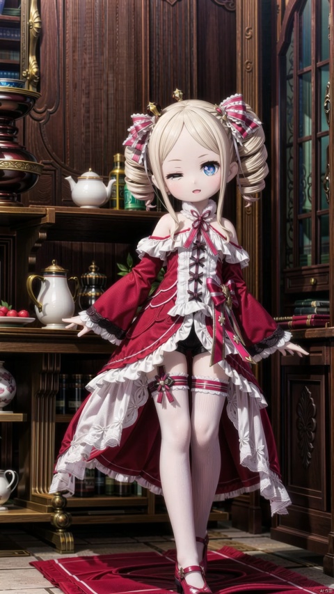  beatrice (re:zero),female child,Little girl（1.5）,aged down,beautiful detailed girl,narrow waist,small breasts,Glowing skin,Delicate cute face,off_shoulder,pink princess pajamas,(pink striped_legwear),white shorts under skirt,symbol-shaped_pupils,beautiful detailed eyes,((one eye closed)),((blonde hair)),(drill hair),parted bangs,forehead,Extremely delicate hair,bare legs,Thin leg,bare arms,Slender fingers,steepled fingers,pink nails,mischievous smile(expression),standing,finger to eye,open mouth,tongue out,beautiful detailed lips,heart(ornament),garden, fountain,hyper realistic,magic,8k,incredible quality,best quality,masterpiece,highly detailed,extremely detailed CG,cinematic lighting