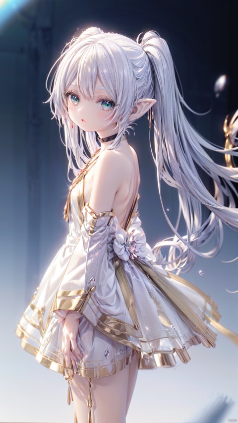 green Theme,standing,hands on hips,Frieren at the Funeral,elf,little girl(1.5),aged down,beautiful detailed girl,small breasts,steaming body,Glowing skin,Delicate cute face,white Mage Robe,fine fabric emphasis,ornate clothes,(green Eyes),heart-shaped_pupils,beautiful detailed eyes,Glowing eyes,half-closed eyes,looking at viewer,((white gradient hair)),twintails,long hair,glowing hair,Star shaped hair ornament,Star shaped pendant,bare legs,Thin leg,bare arms,Slender fingers,steepled fingernails,mischievous smile(expression),hands on own cheek,open mouth,tongue out,beautiful detailed mouth,open book(ornament),garden, fountain,hyper realistic,magic,f/3.0,incredible quality,best quality,masterpiece,highly detailed,extremely detailed CG,cinematic lighting