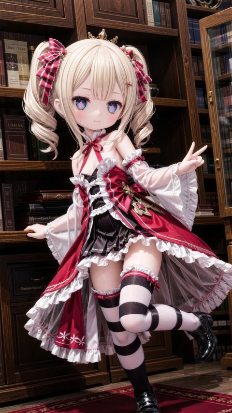 beatrice (re:zero),female child,Little girl（1.5）,aged down,beautiful detailed girl,narrow waist,small breasts,Glowing skin,steaming body,Delicate cute face,pink princess dress,pink striped_legwear,white bloomers,fine fabric emphasis,ornate clothes,symbol-shaped_pupils,beautiful detailed eyes,Glowing eyes,((half-closed eyes)),((blonde hair)),drill hair,long bangs,Extremely delicate hair,bare legs,Thin leg,bare arms,Slender fingers,steepled fingers,Shiny nails,mischievous smile(expression),((standing on one leg,victory pose)),:3,tongue out,beautiful detailed lips,book(ornament),library, bookshelf,hyper realistic,magic,8k,incredible quality,best quality,masterpiece,highly detailed,extremely detailed CG,cinematic lighting