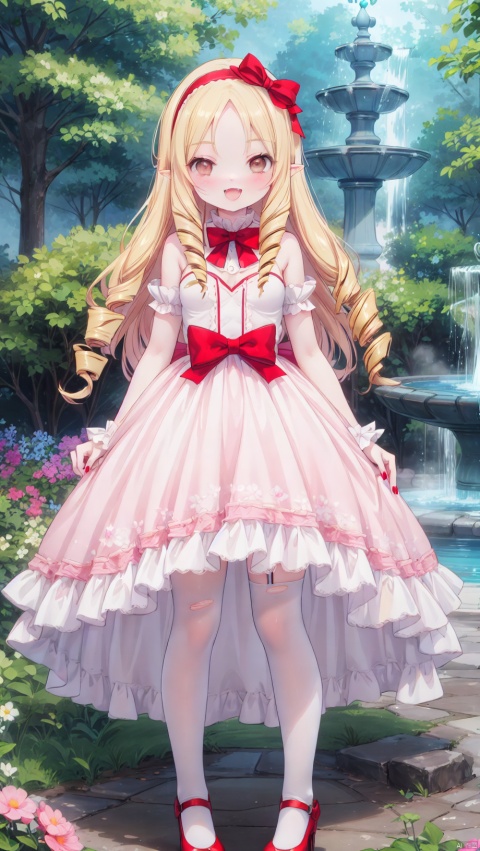 (4349,4349,4349:1), yamada elf,Little girl(1.4),aged down,beautiful detailed girl,narrow waist,very small breasts,Glowing skin,steaming body,Delicate cute face,pointy ears,pink dress,fine fabric emphasis,ornate clothes,torn clothes,brown eyes,beautiful detailed eyes,Glowing eyes,((blonde hair)),((drill hair,red bow hairband)),parted bangs,forehead,long hair,glowing long hair,Extremely delicate longhair,Thin leg,white legwear garter,beautiful detailed fingers,Slender fingers,steepled fingers,Shiny nails,(standing,art shift,v arms),mischievous smile(expression),open mouth,tongue out,fangs out,beautiful detailed mouth,looking at viewer,bow on clothes(ornament),garden, fountain,hyper realistic,magic,8k,incredible quality,best quality,masterpiece,highly detailed,extremely detailed CG,cinematic lighting,backlighting,full body,high definition,detail enhancement,(perfect hands, perfect anatomy),detail enhancement,