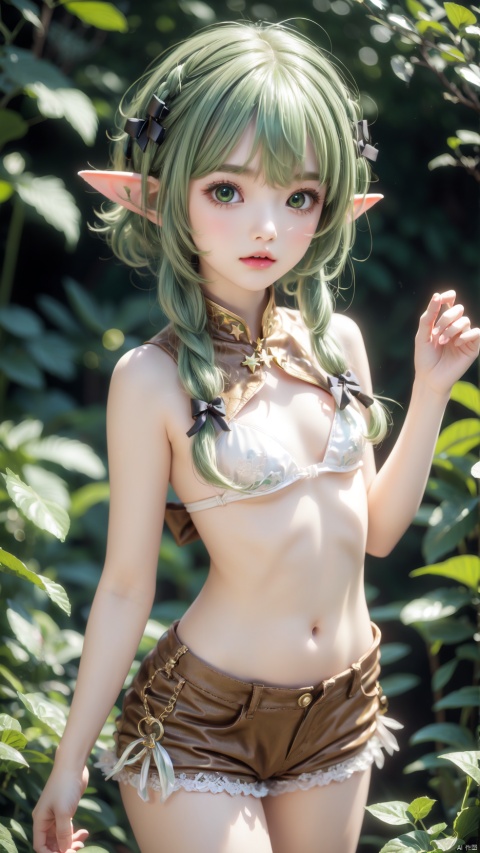  high elf archer (goblin slayer!),1girl,petite child(1.6),aged down,chibi,extremely delicate and beautiful girls,((very small breasts)),narrow waist,Glowing skin,Delicate cute face,blush sticker,blush,cloak,brown cape,green bodysuit,((white bra)),black gloves,short shorts,brown shorts,fine fabric emphasis,ornate clothes,green eyes,beautiful detailed eyes,Glowing eyes,((star in eye)),((green hair)),((sidelocks,hair bow)),Short hair,Extremely delicate hair,Thin leg,thighhighs,thigh boots,Slender fingers,steepled fingers,(beautiful detailed hands),((holding Short Bow,sleeve bow)),mischievous smile(expression),looking at viewer,open mouth,beautiful detailed mouth,fangs out,long fangs,black bow(ornament),forest,vines,hyper realistic,magic,4k,incredible quality,best quality,masterpiece,highly detailed,extremely detailed CG,cinematic lighting,light particle,backlighting,full body,high definition,detail enhancement,(perfect hands, perfect anatomy),8k_wallpaper,extreme details,colorful, pointy ears,