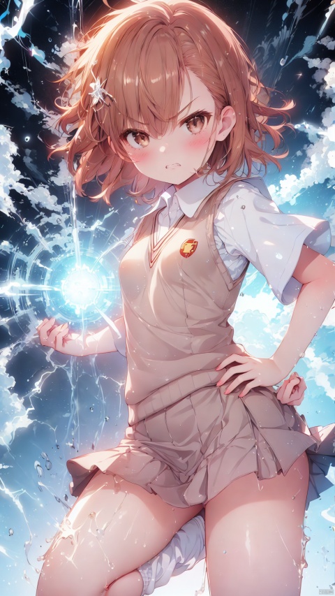 lightning background,misaka mikoto,Little girl(1.5),aged down,beautiful detailed girl,Glowing skin,steaming body,narrow waist,(very small breasts),Delicate cute face,blush sticker,blush,(tokiwadai school uniform),sweater vest,White shirt,electric arc surrounds the entire body,Body releases lightning outward,Purple electric arc injected into the girl's body,fine fabric emphasis,brown eyes,beautiful detailed eyes,Glowing eyes,((raised eyebrow,tsurime,half-closed eyes)),((brown hair)),((hair spread out,floating hair)),short hair,glowing hair,Extremely delicate hair,Thin leg,white loose socks,brown footwear,Slender fingers,steepled fingers,shiny nails,(beautiful detailed hands),((hand on hip,electricity Surrounding Hand,Hand emitting electricity)), >:((expression),raised eyebrow,scowl,v-shaped eyebrows,clenched teeth,scowl at viewer,beautiful detailed mouth,lightning(ornament),bedroom,bed,too many electricity,hyper realistic,magic,4k,incredible quality,best quality,masterpiece,highly detailed,extremely detailed CG,cinematic lighting,light particle,backlighting,full body,high definition,detail enhancement,(perfect hands, perfect anatomy),8k_wallpaper,finely detailed,extreme details,colorful,Lightning,misaka_mikoto, shuiwa,glowing,Dianhuun and growing lightning