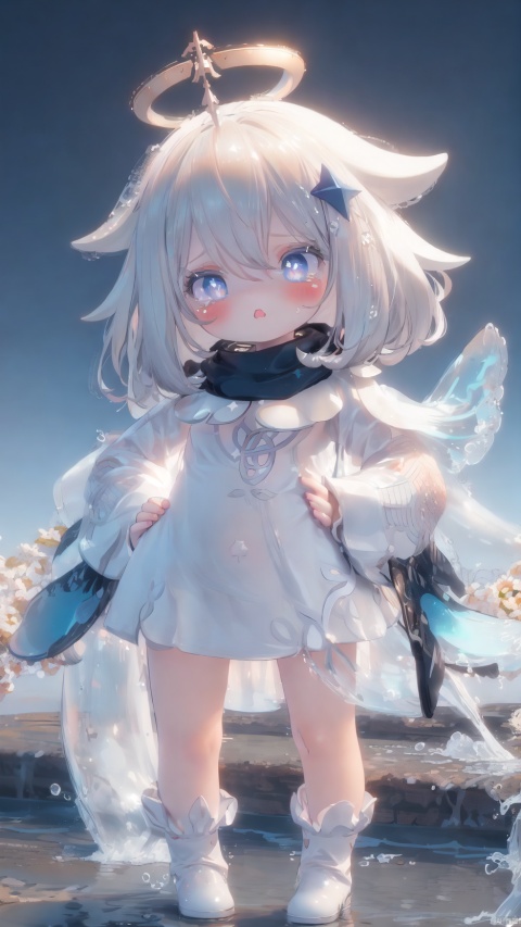 paimon (genshin impact),1girl,petite child(1.5),aged down,extremely delicate and beautiful girls,narrow waist,((very small breasts)),Glowing skin,Delicate cute face,blush sticker,blush,halo,blue scarf,blue starry cape,white dress,fine fabric emphasis,ornate clothes,Grey blue eyes,beautiful detailed eyes,Glowing eyes,((star-shaped pupils)),((silver hair)),((hair spread out,star hair ornament)),hair over shoulder,Extremely delicate hair,Thin leg,white pantyhose,Slender fingers,steepled fingers,(beautiful detailed hands),((standing,standing,hands on hips)),tearful(expression),looking at viewer,teardrop on the face,Tears on the chin,wavy mouth,open mouth,beautiful detailed mouth,semen in the mouth,semen on the hair,semen on the face,too many semen on the breasts,too many semen dripping from the body,blood on between legs,air bubble(ornament),garden,pool,hyper realistic,magic,4k,incredible quality,best quality,masterpiece,highly detailed,extremely detailed CG,cinematic lighting,light particle,backlighting,full body,high definition,detail enhancement,(perfect hands, perfect anatomy),8k_wallpaper,extreme details,colorful,