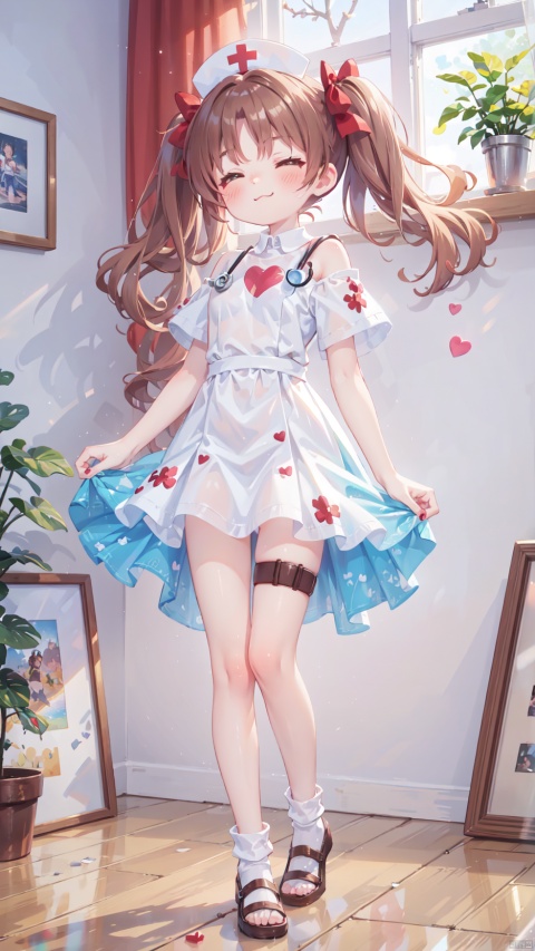 shirai kuroko,Little girl(1.5),aged down,beautiful detailed girl,Glowing skin,steaming body,narrow waist,(very small breasts),Delicate cute face,blush sticker,blush,(nurse),nurse cap,stethoscope,off shoulder,ornate clothes,torn dress,broken skirt,torn clothes,broken clothes,fine fabric emphasis,brown eyes,beautiful detailed eyes,Glowing eyes,((raised eyebrow,tsurime,half-closed eyes,heart-shaped pupils)),((brown hair)),((twintails,hair bow)),very long hair,glowing hair,Extremely delicate hair,Thin leg,thigh strap,white loose socks,brown footwear,Slender fingers,steepled fingers,shiny nails,((standing)), jewelry evil grin(expression),Evil smile,looking at viewer,:3,puffy cheeks,beautiful detailed mouth,heart(ornament),ruins,broken window,hyper realistic,magic,4k,incredible quality,best quality,masterpiece,highly detailed,extremely detailed CG,cinematic lighting,light particle,backlighting,full body,high definition,detail enhancement,(perfect hands, perfect anatomy),8k_wallpaper,extreme details,colorful,