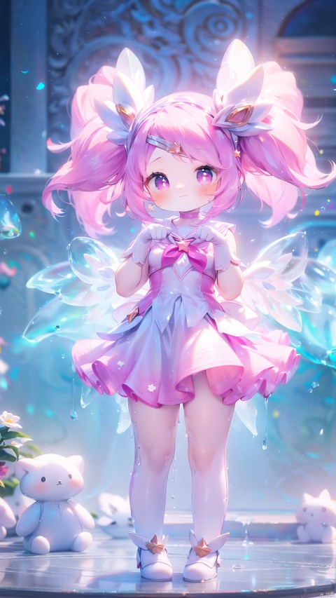 lux (league of legends),star guardian \(league of legends\),1girl,petite child(1.5),aged down,extremely delicate and beautiful girls,narrow waist,((very small breasts)),Glowing skin,Delicate cute face,blush sticker,blush,(forehead tiara),choker,sailor senshi uniform,pink dress,big purple bow,transparent wings,Glowing wings,gloves,elbow gloves,bare shoulders,ornate clothes,fine fabric emphasis,pink eyes,beautiful detailed eyes,Glowing eyes,((star-shaped pupils)),((pink hair)),((twintails,hair ornament)),Glowing hair,Extremely delicate hair,Thin leg,bare legs,Slender fingers,steepled fingers,(beautiful detailed hands),((standing,hands next face,paw pose)),mischievous smile(expression),looking down at viewer,:3,puffy cheeks,Raising the corners of the mouth,beautiful detailed mouth,looking down at viewer,star(ornament),garden,fountain,hyper realistic,magic,8k,incredible quality,best quality,masterpiece,highly detailed,extremely detailed CG,cinematic lighting,backlighting,full body,high definition,detail enhancement,(perfect hands, perfect anatomy),8k_wallpaper,extreme details,colorful