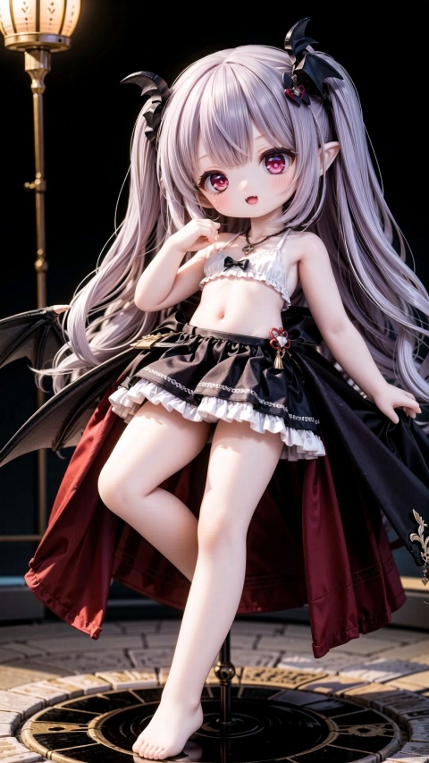 koakuma,female child,Little girl（1.5）,aged down,beautiful detailed girl,narrow waist,small breasts,Glowing skin,steaming body,demon horns,bat wings,transparent wings,Delicate cute face,Black and red Gothic skirt,fine fabric emphasis,ornate clothes,red Eyes,beautiful detailed eyes,Glowing eyes,(one eye closed),((Deep purple hair)),long hair,wavy hair,glowing hair,Extremely delicate longhair,bat hair ornament,Red Heart Necklace,bare legs,Thin leg,bare arms,Slender fingers,steepled fingers,Shiny nails,mischievous smile(expression),hands on own cheek,open mouth,tongue out,fangs out,long fang,beautiful detailed lips,Blood drips from the mouth,The chin is covered in blood,blood trail(ornament),garden, fountain,hyper realistic,magic,8k,incredible quality,best quality,masterpiece,highly detailed,extremely detailed CG,cinematic lighting