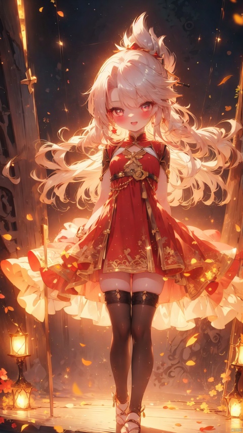 chloe von einzbern,dark skinned female,idol,1girl,petite child(1.5),aged down,chibi,Black skin,extremely delicate and beautiful girls,narrow waist,((very small breasts)),Delicate cute face,blush sticker,blush,princess dress,red dress,ornate clothes,fine fabric emphasis,blonde eyes,beautiful detailed eyes,Glowing eyes,((wince)),((Silver hair)),((topknot,hair rings)),hair over shoulder,Glowing hair,Extremely delicate hair,Thin leg,striped_legwear,Slender fingers,steepled fingers,(beautiful detailed hands),standing,((holding microphone,flailing)),mischievous smile(expression),looking down at viewer,:p,open mouth,puffy cheeks,Raising the corners of the mouth,beautiful detailed mouth,looking down at viewer,star(ornament),stage,stage lights,lasers,shiny rod,hyper realistic,magic,8k,incredible quality,best quality,masterpiece,highly detailed,extremely detailed CG,cinematic lighting,backlighting,full body,high definition,detail enhancement,(perfect hands, perfect anatomy),8k_wallpaper,extreme details,colorful,