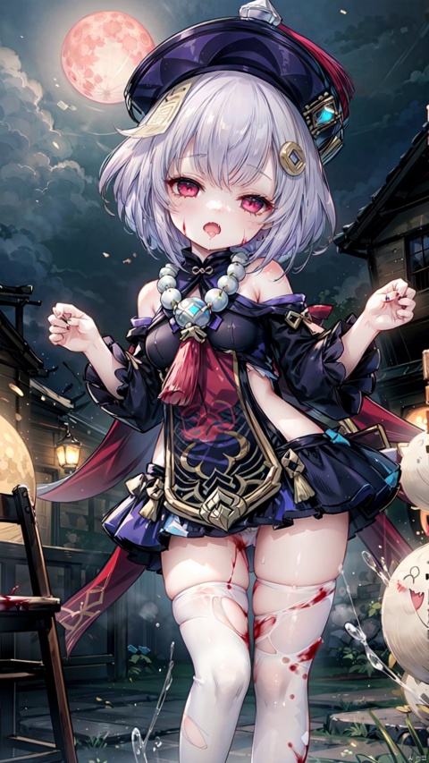qiqi_(genshin_impact),jiangshi,1girl,petite child(1.5),aged down,extremely delicate and beautiful girls,narrow waist,((very small breasts)),Glowing skin,Delicate cute face,blush sticker,blush,ofuda,qing_guanmao,bead_necklace,fine fabric emphasis,ornate clothes,off shoulder,((sabotaged clothes,torn clothes,broken clothes,torn shirt)),red eyes,beautiful detailed eyes,Glowing eyes,((half-closed eyes)),((purple hair)),((Short hair,coin hair ornament)),Glowing hair,Extremely delicate hair,Thin leg,white thighhighs,torn thighhighs,Slender fingers,black nails,(beautiful detailed hands),(standing,hands up,claw pose,attack at viewer),>:(,(expression),raised eyebrows,blood on the face,blood on the chin,open mouth,wavy mouth,mouth drool,big fangs,long fangs,heavy breathing,beautiful detailed mouth,looking at viewer,blood in the mouth,blood on the hair,blood on the face,too blood trail on the breasts,too many blood drip dripping from the body,blood trail on between legs,blood drip(ornament),street,night,red moon,hyper realistic,magic,8k,incredible quality,best quality,masterpiece,highly detailed,extremely detailed CG,cinematic lighting,backlighting,full body,high definition,detail enhancement,(perfect hands, perfect anatomy),detail enhancement