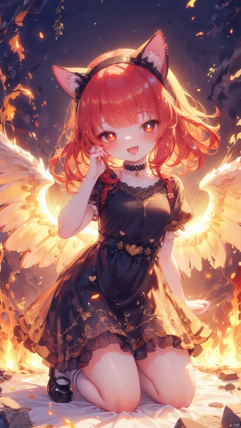 fiery background,annie (league of legends),Little girl(1.5),aged down,beautiful detailed girl,narrow waist,(very small breasts),Spray flames outwards from the entire body,Delicate cute face,choker,teddy bear,randoseru,gothic dress,red and black dress,fine fabric emphasis,Burning clothes,fiery wings,glowing wings,red eyes,beautiful detailed eyes,Glowing eyes,((half-closed eyes,heart-shaped pupils)),((red hair)),((hair spread out,cat ear hairband)),hair over shoulder,glowing hair,Extremely delicate hair,Thin leg,bobby socks,Slender fingers,steepled fingers,red nails,(kneeling,wariza,arm up,hand on own face,cat paw,Flame Surrounding Hand,Hand emitting flames),ahegao(expression),smile,open mouth,tongue out,licking lips,drooling,fangs out,big fangs,puffy cheeks,beautiful detailed mouth,looking at viewer,fire(ornament),ruins,big teddy bear,Burning teddy bear,Spray flames outwards from the teddy bear,magma,hyper realistic,magic,8k,incredible quality,best quality,masterpiece,highly detailed,extremely detailed CG,cinematic lighting,backlighting,full body,high definition,detail enhancement,(perfect hands, perfect anatomy)