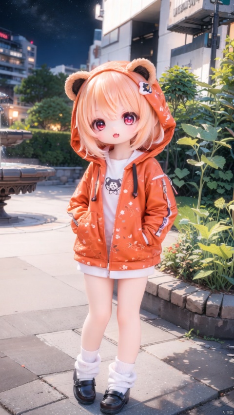  hoshino hinata,loli,beautiful detailed girl,narrow waist,small breasts,Glowing skin,Delicate cute face,hood,bear hood,hood up,night clothes,fine fabric emphasis,ornate clothes,red eyes,beautiful detailed eyes,Glowing eyes,((half-closed eyes)),((orange hair)),short hair,glowing hair,Extremely delicate hair,Thin leg,bobby socks,Slender fingers,steepled fingers,Shiny nails,mischievous smile(expression),hands in pockets,:3,open mouth,tongue out,fangs out,long fang,beautiful detailed mouth,sunflower print(ornament),garden,fountain,hyper realistic,magic,4k,incredible quality,best quality,masterpiece,highly detailed,extremely detailed CG,cinematic lighting,light particle,backlighting,full body,high definition,detail enhancement,(perfect hands, perfect anatomy),8k_wallpaper,extreme details,colorful