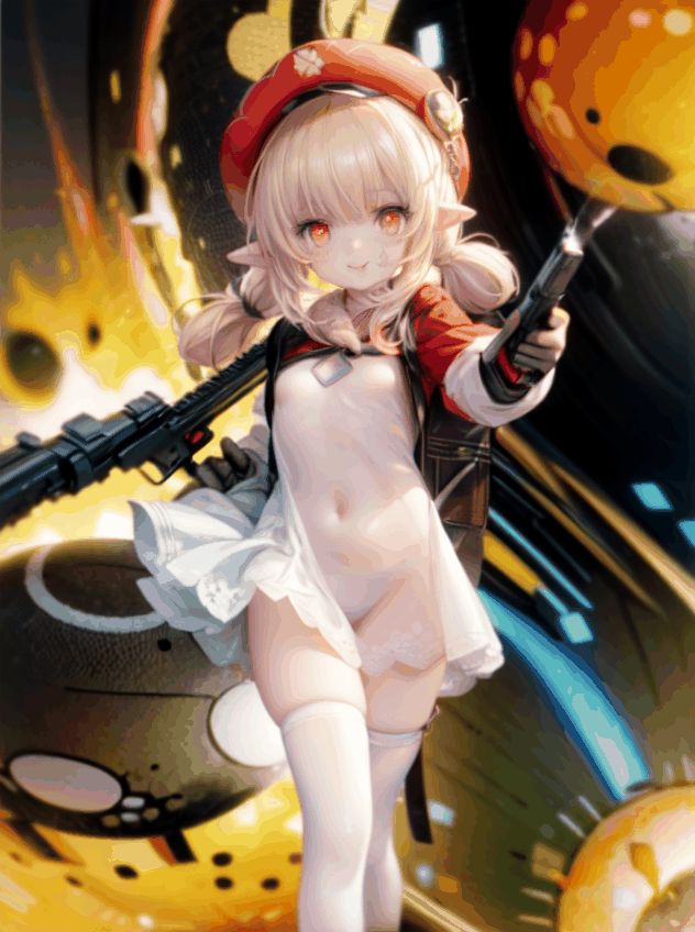  klee (genshin impact),ornate clothes, gloves, hat, low twintails, blonde hair, small breasts, pointy ears,pointing gun at viewer,aiming at viewer, Red Elementary school backpack,blush, ((red eyes)), Glowing eyes, delicate and lovely face, mischievous smile(expression),tongue out, thighhighs, Thin leg,explosion(background), explosion, night, magic, best quality, masterpiece, extremely detailed CG, 8k_wallpaper