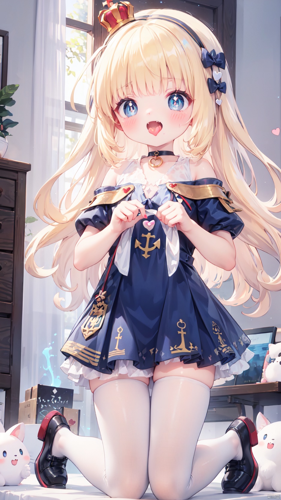  from below,queen elizabeth (azur lane),Little girl(1.5),aged down,beautiful detailed girl,narrow waist,Delicate cute face,princess crown,small crown,anchor choker,(anchor print naval uniform),blue princess dress,ornate clothes,fine fabric emphasis,blue eyes,beautiful detailed eyes,Glowing eyes,((heart-shaped pupils)),((blonde hair)),((hair spread out,wavy hair)),very long shoulder,glowing hair,Extremely delicate hair,Thin leg,white legwear garter,black footwear,Slender fingers,steepled fingers,shiny nails,((kneeling,**********)),ahegao(expression),smile,open mouth,tongue out,licking lips,drooling,heavy breathing,fangs out,big fangs,puffy cheeks,beautiful detailed mouth,looking down at viewer,anchor (ornament),warship,harbor,royal navy (emblem),royal navy flag,hyper realistic,magic,4k,incredible quality,best quality,masterpiece,highly detailed,extremely detailed CG,cinematic lighting,light particle,backlighting,full body,high definition,detail enhancement,(perfect hands, perfect anatomy),8k_wallpaper,extreme details,colorful