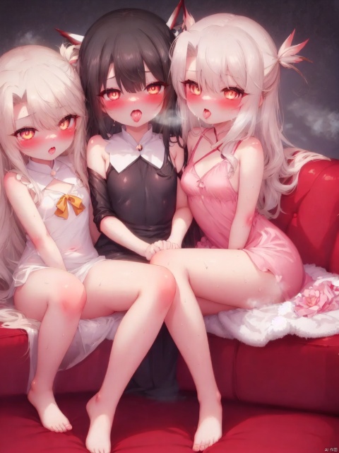  (cowboy shot),(((multiple_girls))),(((3girls));((The first girl is:miyu edelfelt,She has black hair and orange eyes,white skin));((The second girl is:chloe von einzbern,She has silver hair and yellow eyes,black skin));((The third girl is: prisma illya,She has silver hair and red eyes,white skin))),steaming body,small breasts,Delicate cute face,blush sticker,blush,china dress,eye_contact,heart-shaped pupils,sitting on couch,cuddling,open mouth,tongue out,(kissing),drooling,sweat,heart(ornament),living room,couch,hyper realistic,magic,8k,incredible quality,best quality,masterpiece,highly detailed,extremely detailed CG,cinematic lighting,backlighting,full body,high definition,detail enhancement,(perfect hands, perfect anatomy),8k_wallpaper,extreme details,colorful