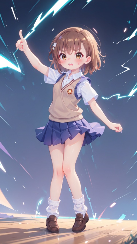 lightning background,misaka mikoto,Little girl(1.5),aged down,beautiful detailed girl,Glowing skin,steaming body,narrow waist,(very small breasts),Delicate cute face,blush sticker,blush,(tokiwadai school uniform),sweater vest,White shirt,electric arc surrounds the entire body,Body releases lightning outward,Purple electric arc injected into the girl's body,fine fabric emphasis,brown eyes,beautiful detailed eyes,Glowing eyes,((raised eyebrow,tsurime)),((brown hair)),((hair spread out,floating hair)),short hair,glowing hair,Extremely delicate hair,Thin leg,white loose socks,brown footwear,Slender fingers,steepled fingers,shiny nails,(beautiful detailed hands),((pointing at viewer,spell,electricity Surrounding Hand,Hand emitting electricity)), >:((expression),raised eyebrow,scowl,v-shaped eyebrows,clenched teeth,scowl at viewer,beautiful detailed mouth,lightning(ornament),bedroom,bed,too many electricity,hyper realistic,magic,4k,incredible quality,best quality,masterpiece,highly detailed,extremely detailed CG,cinematic lighting,light particle,backlighting,full body,high definition,detail enhancement,(perfect hands, perfect anatomy),8k_wallpaper,finely detailed,extreme details,colorful,misaka_mikoto