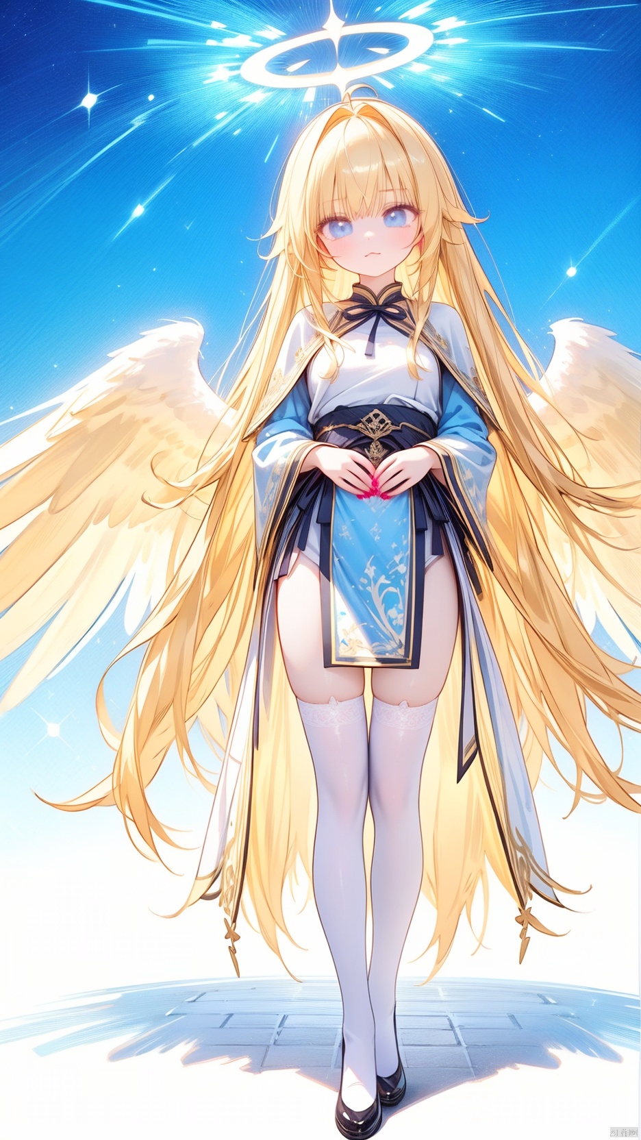 gabriel tenma white,angel,1girl,solo,beautiful detailed girl,Glowing Halo on head,angel wings,angel costume,fine fabric emphasis,ornate clothes,Glowing clothes,narrow waist,very small breasts,Glowing skin,Delicate cute face,Grey blue eyes,beautiful detailed eyes,sparkling eyes,((blonde hair)),((very long hair,stray hair)),ahoge,Glowing hair,Extremely delicate hair,Thin leg,white thighhighs,((beautiful detailed hands)),Slender fingers,pink nails,(standing,hands on own crotch), naughty_face(expression),:3,Glowing feather(ornament),church,Marble Pillar,hyper realistic,magic,8k,incredible quality,best quality,masterpiece,highly detailed,extremely detailed CG,cinematic lighting,backlighting,full body,high definition,detail enhancement,(perfect hands, perfect anatomy),detail enhancement,