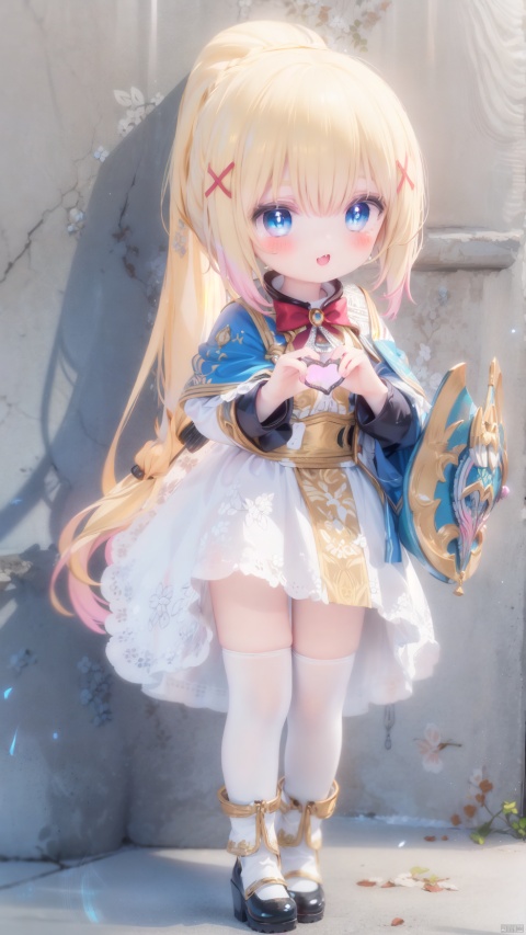  darkness (konosuba),paladin,petite child(1.5),aged down,chibi,extremely delicate and beautiful girls,narrow waist,Glowing skin,Delicate cute face,blush sticker,blush,knight armor,white and gold clothes,fine fabric emphasis,ornate clothes,((blue eyes)),beautiful detailed eyes,Glowing eyes,((heart-shaped pupils)),((blonde hair)),((ponytail,x hair ornament)),very long hair,Extremely delicate hair,Thin leg,black thighhighs,beautiful detailed fingers,steepled fingers,(beautiful detailed hands),((standing,holding a sword,ornate long sword)),ahegao(expression),smile,tongue out,licking lips,drooling,fangs out,big fangs,puffy cheeks,beautiful detailed mouth,Looking down at viewer,semen in the mouth,heart(ornament),palace,shield decorated on the wall,hyper realistic,magic,8k,incredible quality,best quality,masterpiece,highly detailed,extremely detailed CG,cinematic lighting,backlighting,full body,high definition,detail enhancement,(perfect hands, perfect anatomy),8k_wallpaper,extreme details,colorful