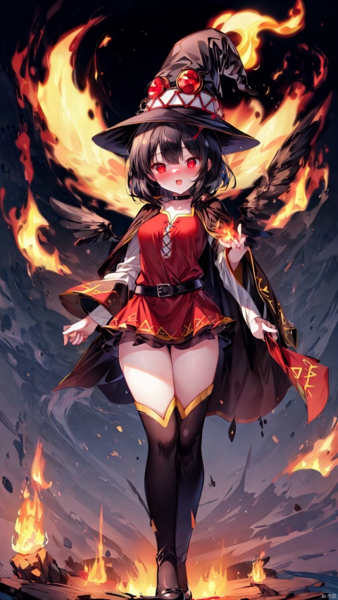  (fiery background,4349,4349,4349:1),megumindef,loli,beautiful detailed girl,narrow waist,very small breasts,Spray flames outwards from the entire body,Delicate cute face,choker,witch hat,Flame cloak,collared cloak,nose blush,blush,Burning clothes,fiery wings,glowing wings,(red eyes),beautiful detailed eyes,((black hair)),((hair spread out)),short hair,hair behind ear,glowing hair,Extremely delicate longhair,Thin leg,bandaged leg,bandaged arm,(standing,spell,Flame Surrounding Hand,Hand emitting flames),looking at viewer,smug(expression),open mouth,tongue out,beautiful detailed mouth,ruby(ornament),beach,shore,hyper realistic,magic,8k,incredible quality,best quality,masterpiece,highly detailed,extremely detailed CG,cinematic lighting,backlighting,full body,high definition,detail enhancement,(perfect hands, perfect anatomy), Megumin, aqua (konosuba)