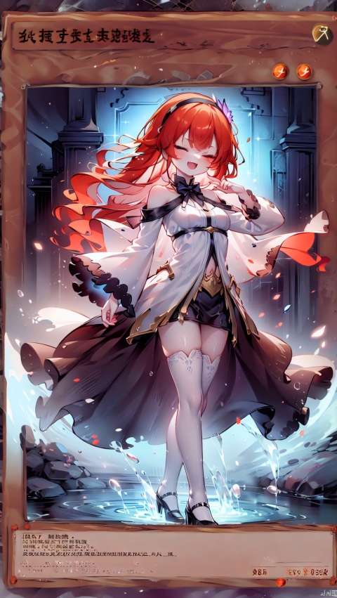  card background,erisc,loli,beautiful detailed girl,narrow waist,very small breasts,Glowing skin,Delicate cute face,bare shoulders,long sleeves,torn dress,broken skirt,torn clothes,broken clothes,transparent clothes,red eyes eyes,beautiful detailed eyes,glowing eyes,(one eye closed),((red hair)),((long hair,hairband)),Glowing hair,Extremely delicate hair,Thin leg,white legwear garter,beautiful detailed fingers,Slender fingers,steepled fingers,Shiny nails,standing,((hand up,dynamic pose)),mischievous smile(expression),open mouth,tongue out,fangs out,beautiful detailed mouth,looking at viewer,bow(ornament),garden, fountain,hyper realistic,magic,8k,incredible quality,best quality,masterpiece,highly detailed,extremely detailed CG,cinematic lighting,backlighting,full body,high definition,detail enhancement,(perfect hands, perfect anatomy), detail enhancement