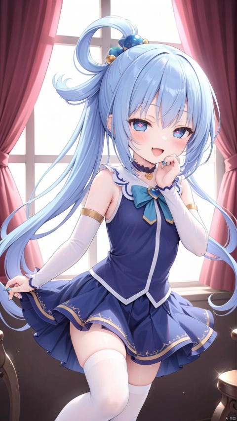 aqua (konosuba), aqua,1girl,petite child(1.5),aged down,extremely delicate and beautiful girls,(exquisitely detailed skin),narrow waist,Delicate cute face,blush sticker,blush,choker,princess dress,((blue skirt,ornate clothes)),glowing clothes,fine fabric emphasis,Blue eyes,beautiful detailed eyes,Glowing eyes,((half-closed eyes,heart shaped pupils)),((blue hair)),((high ponytail, hair rings,hair ornament)),very long hair,Extremely delicate hair,Thin leg,white thighhighs,Fine fingers,steepled nail,(beautiful detailed hands),((art shift,hand on own cheek)),smug(expression),smile,open mouth,tongue out,fangs out,big fangs,puffy cheeks,beautiful detailed mouth,looking down at viewer,heart(ornament),living room,hyper realistic,magic,4k,incredible quality,best quality,masterpiece,highly detailed,extremely detailed CG,cinematic lighting,backlighting,full body,high definition,detail enhancement,(perfect hands, perfect anatomy),8k_wallpaper,colorful